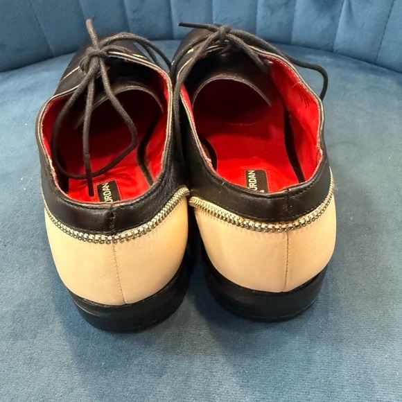 Charles Jourdan Paris Black & Cream Oxford Shoes w/ Rhinestone Zipper Trim